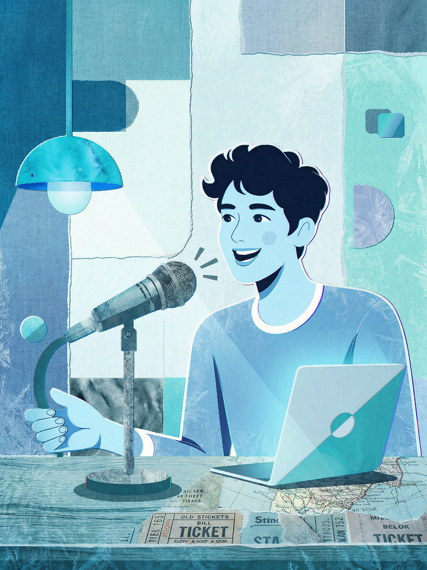 Person spricht in Mikrofon am Laptop